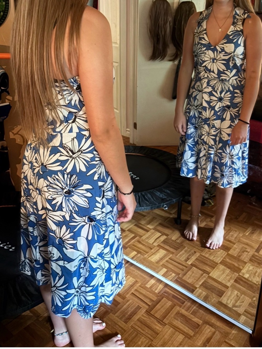 Spense Blue and White Floral V-Neck Midi Dress